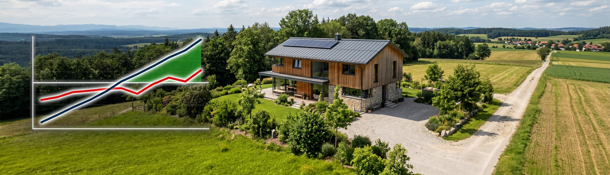 Bild eines Hauses mit Einer Finanzkurve zum Bewerten der Immobilie
