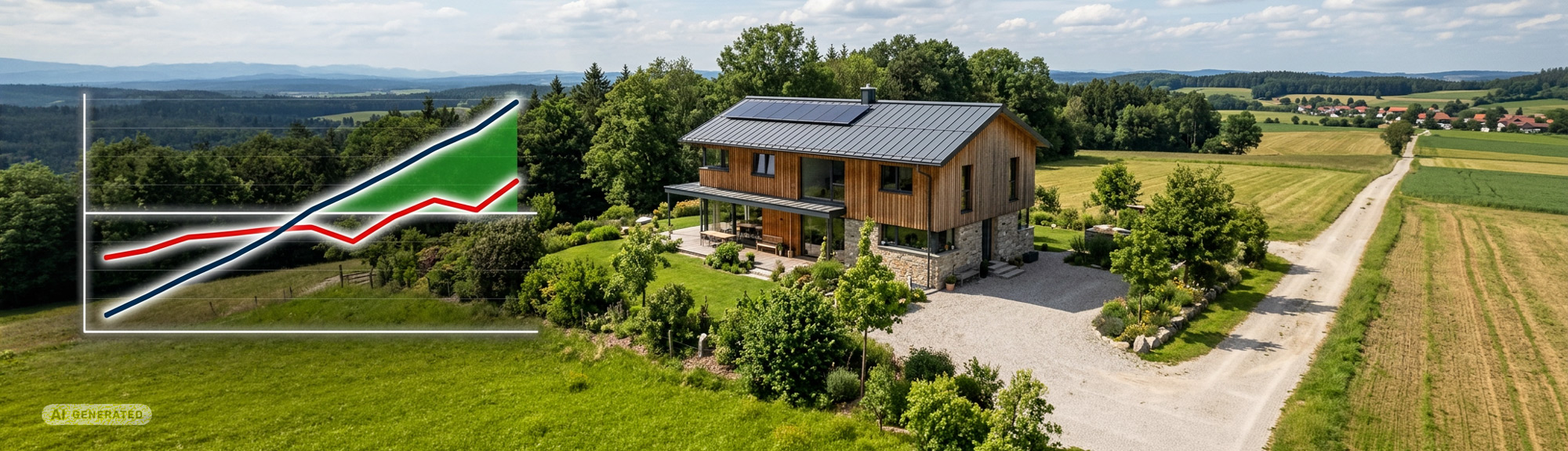 Bild eines Hauses mit Einer Finanzkurve zum Bewerten der Immobilie