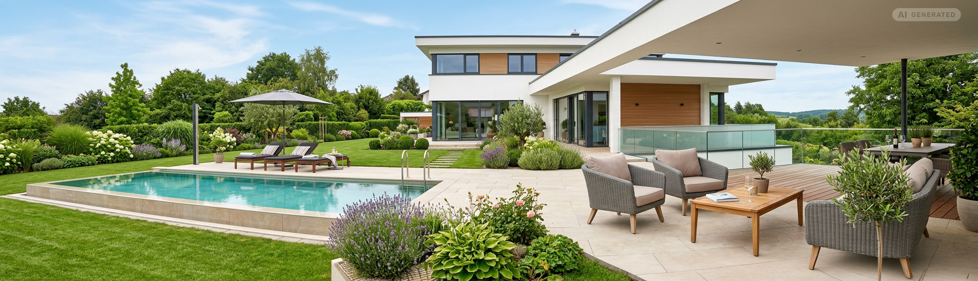 Terrasse einer Modernen Immobilie mit Swimming Poos